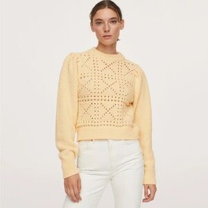 NEW Mango Open Work Crochet Knit Puff Shoulder Butter Yellow Sweater Size S